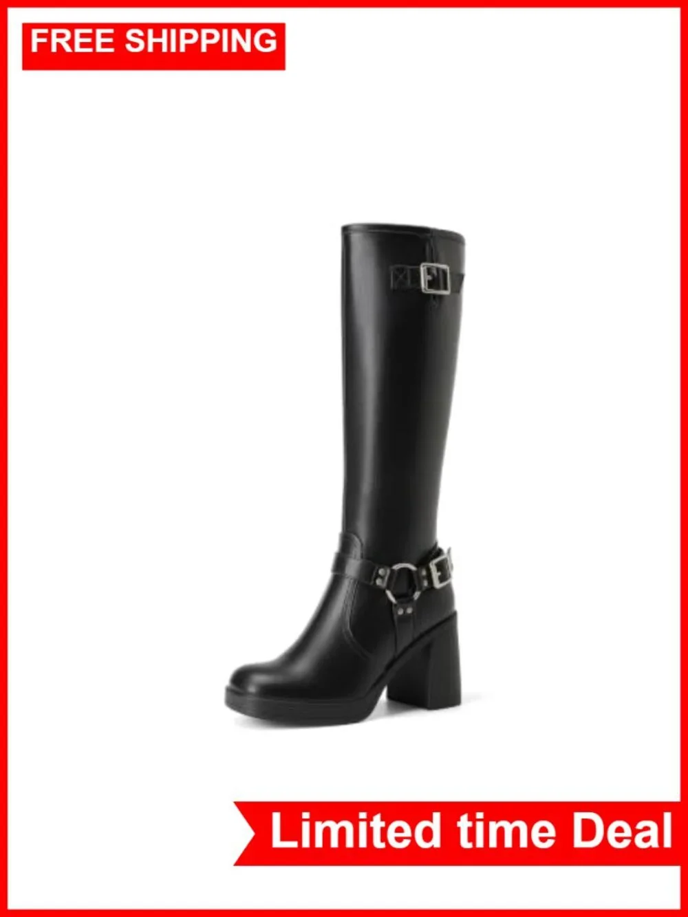 Women's Platform Chunky Knee High Boots Faux Leather Moto